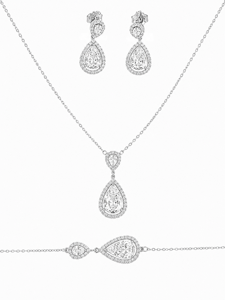 925 Sterling Silver Chain Pendant, Earring & Bracelet Set with Teardrop Motifs