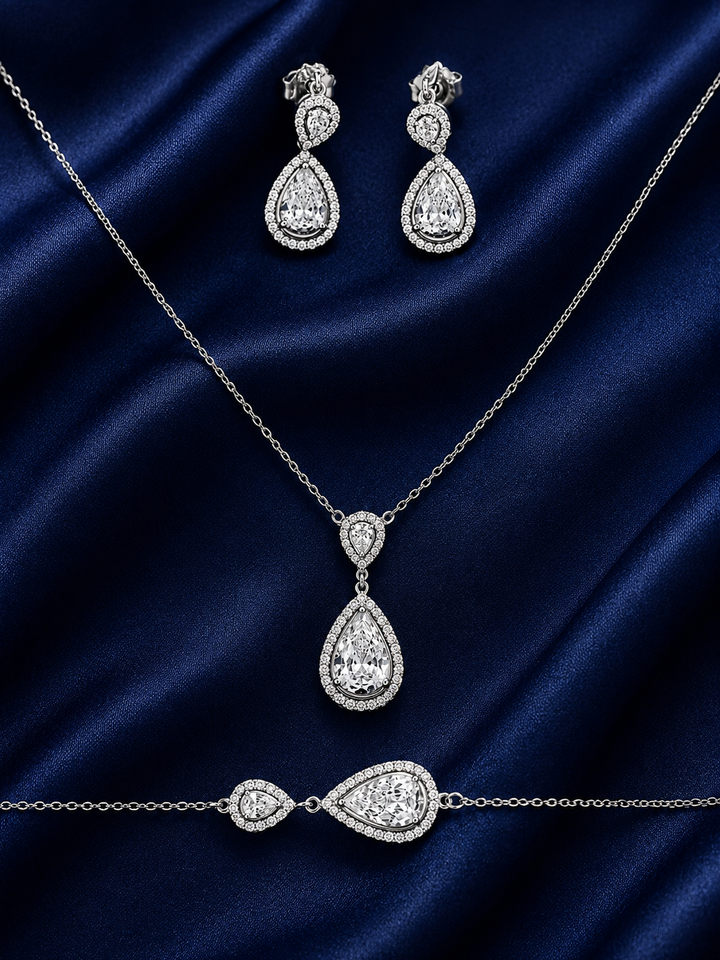 925 Sterling Silver Chain Pendant, Earring & Bracelet Set with Teardrop Motifs