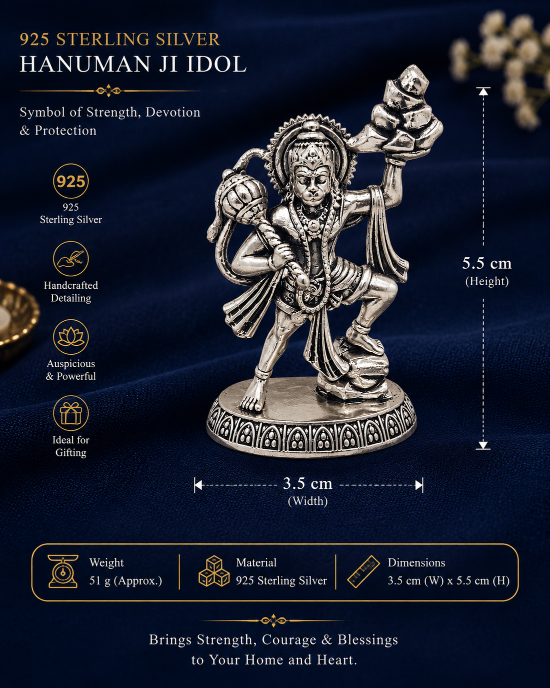 925 Sterling Silver Hanuman Ji Idol – Intricately Handcrafted Spiritual Statue for Home Temple & Gifting