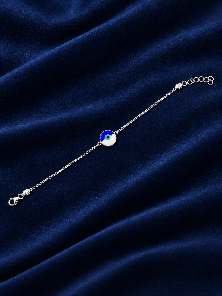 925 Sterling Silver Kids' Blue Round Enamel Charm Bracelet - Adjustable - Navy Blue Background