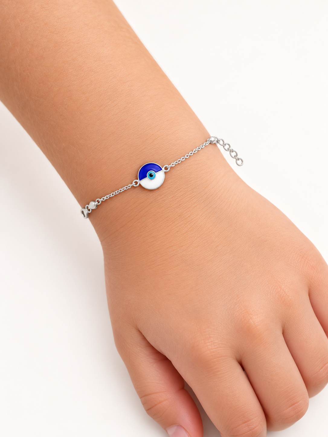 925 Sterling Silver Kids' Blue Round Enamel Charm Bracelet - Adjustable - Model Wearing