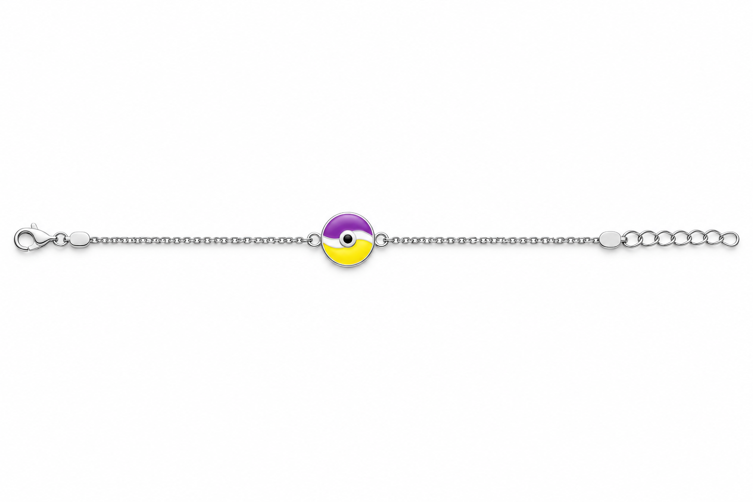 925 Sterling Silver Kids' Purple & Yellow Round Enamel Charm Bracelet - Adjustable - White Background