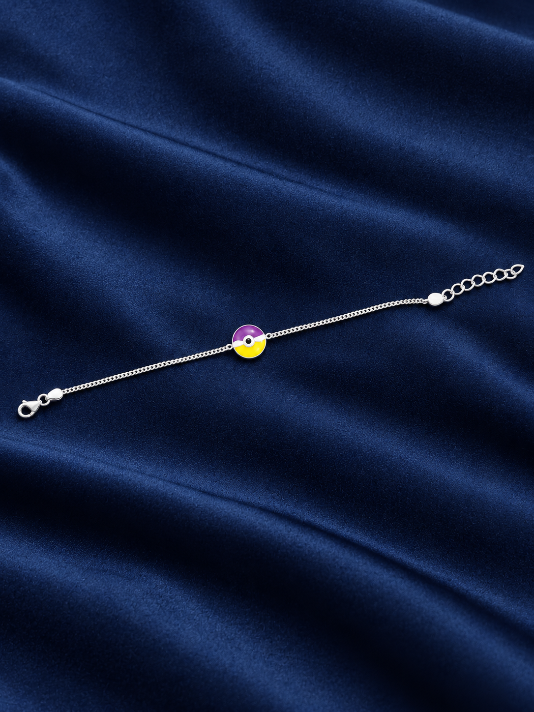 925 Sterling Silver Kids' Purple & Yellow Round Enamel Charm Bracelet - Adjustable - Navy Blue Background