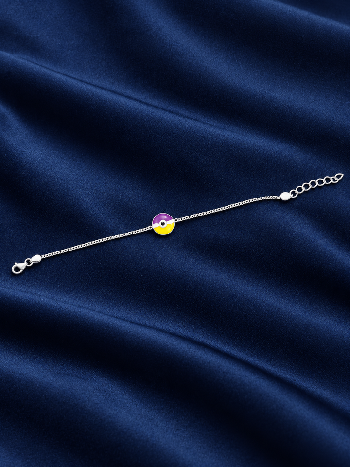925 Sterling Silver Kids' Purple & Yellow Round Enamel Charm Bracelet - Adjustable - Navy Blue Background