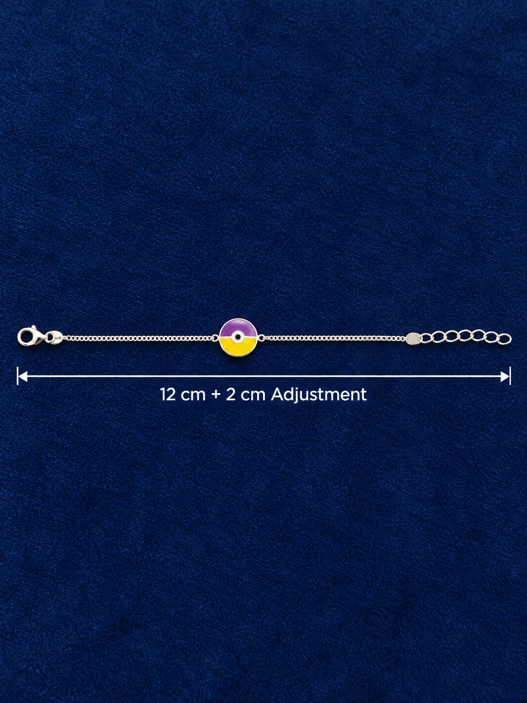 925 Sterling Silver Kids' Purple & Yellow Round Enamel Charm Bracelet - Adjustable - Dimensions
