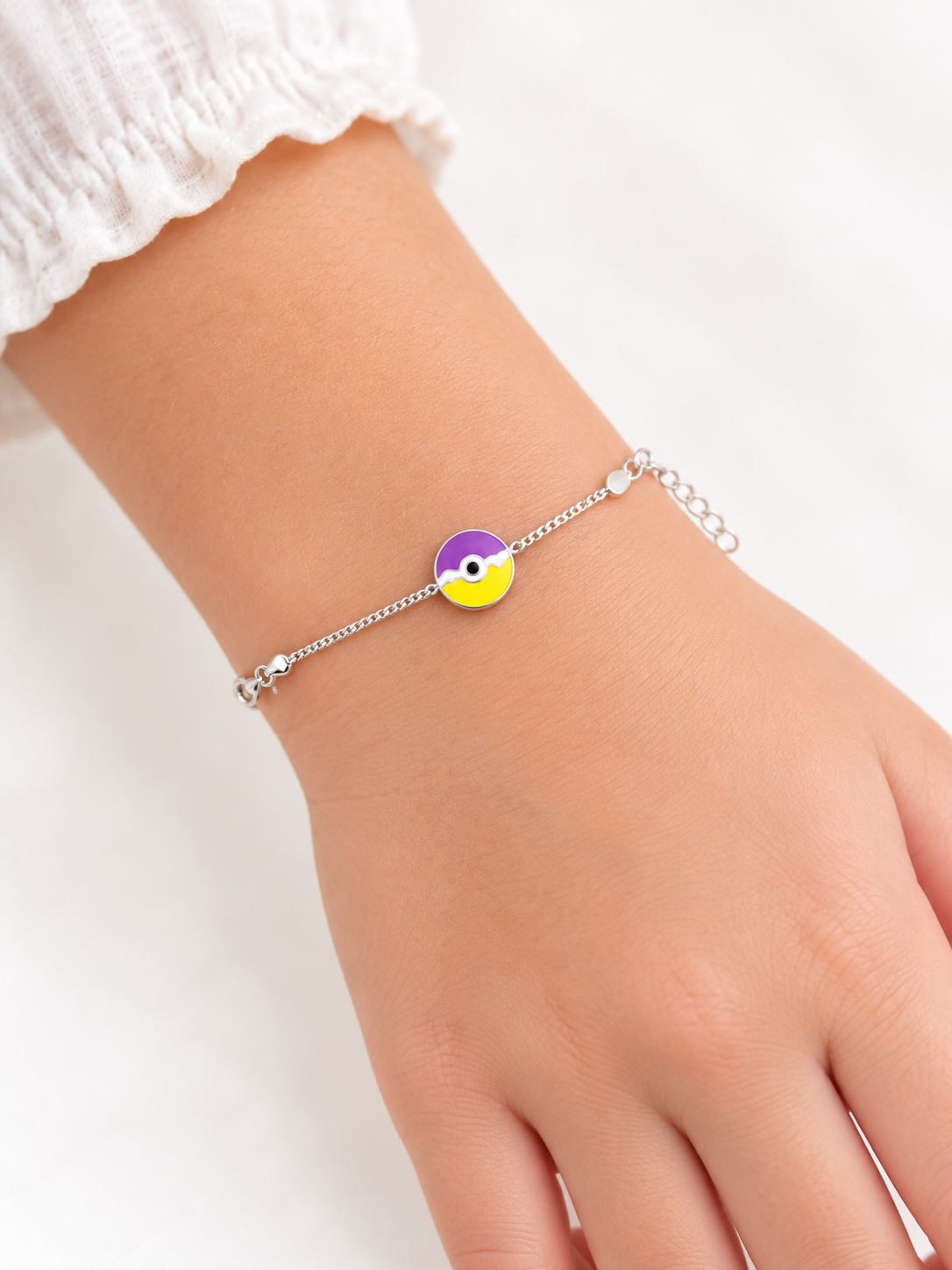 925 Sterling Silver Kids' Purple & Yellow Round Enamel Charm Bracelet - Adjustable - Model Wearing