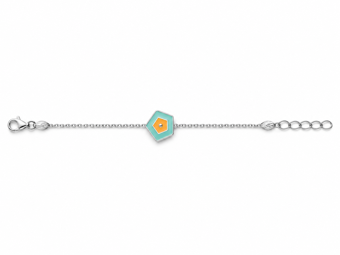 925 Sterling Silver Kids' Turquoise Geometric Enamel Charm Bracelet - Adjustable - White Background