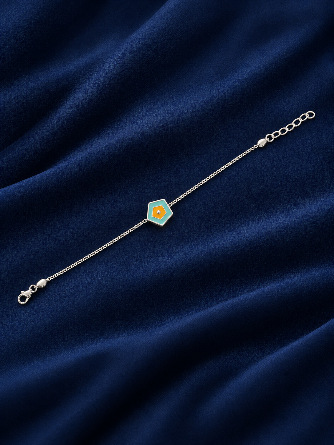 925 Sterling Silver Kids' Turquoise Geometric Enamel Charm Bracelet - Adjustable - Navy Blue Background