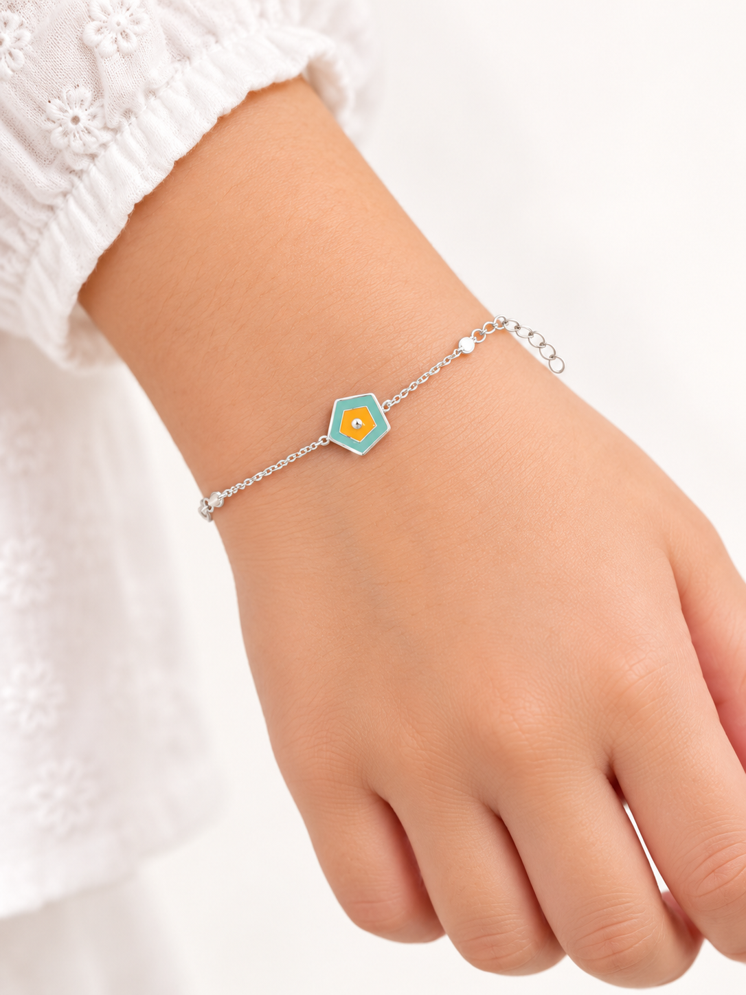 925 Sterling Silver Kids' Turquoise Geometric Enamel Charm Bracelet - Adjustable - Model Wearing