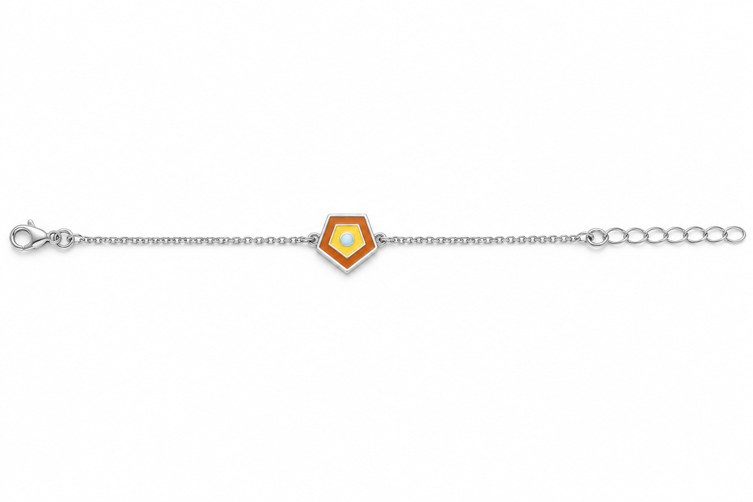 925 Sterling Silver Kids' Orange Geometric Enamel Charm Bracelet - Adjustable - White Background