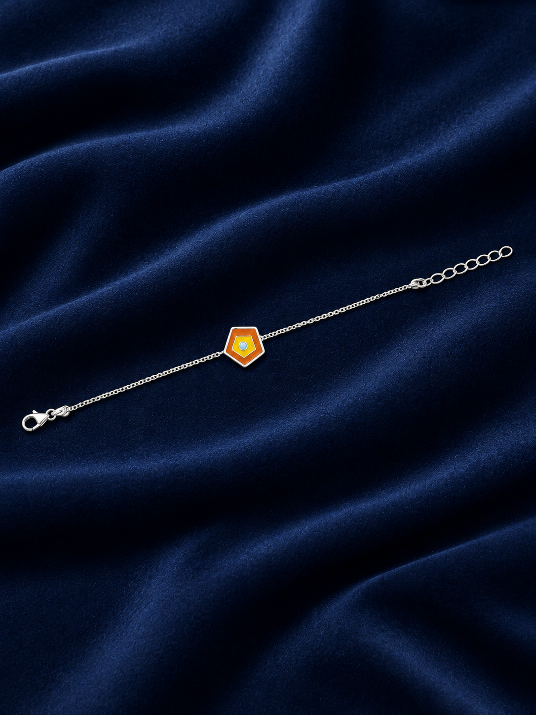 925 Sterling Silver Kids' Orange Geometric Enamel Charm Bracelet - Adjustable - Navy Blue Background