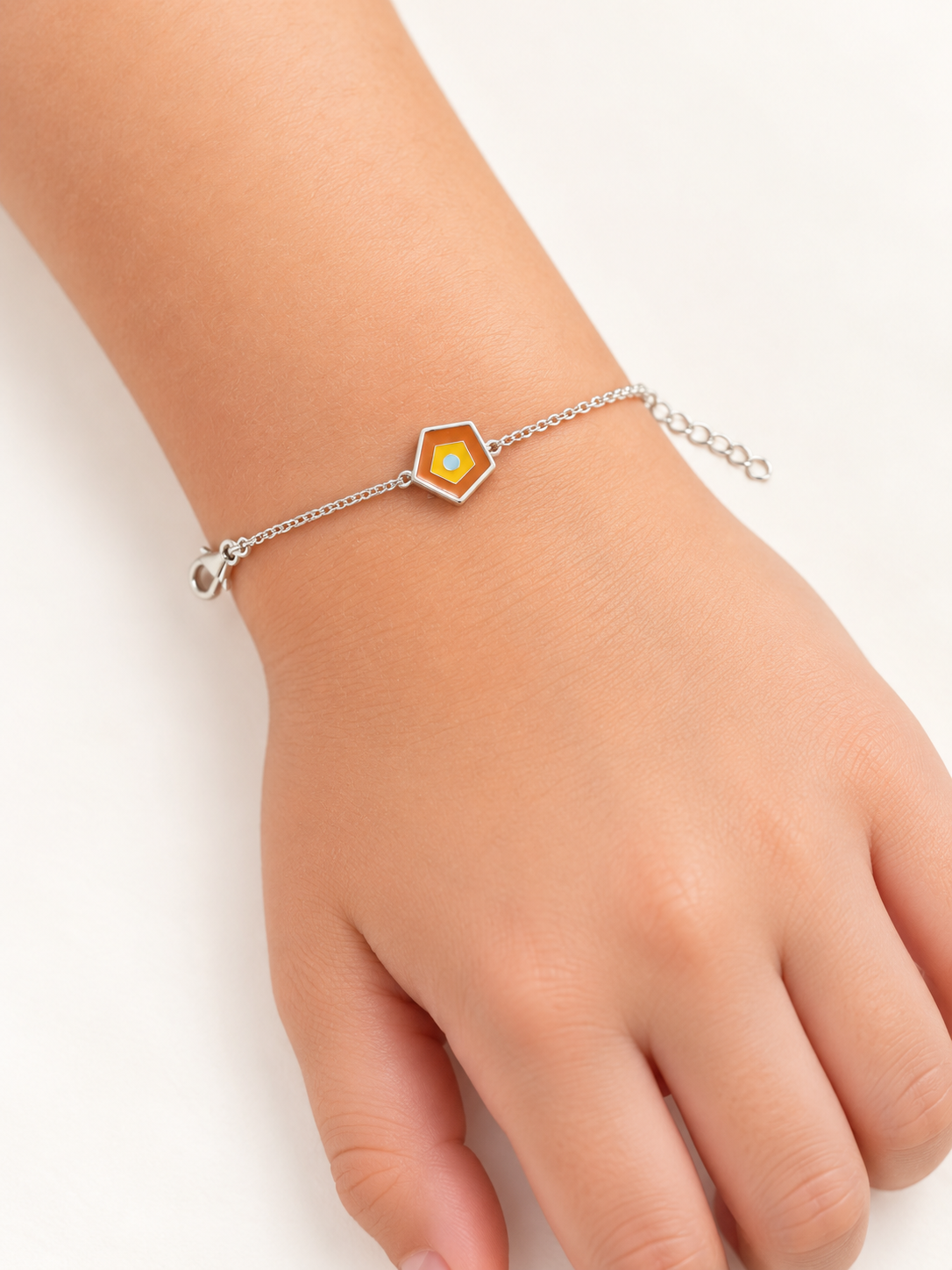 925 Sterling Silver Kids' Orange Geometric Enamel Charm Bracelet - Adjustable - Model Wearing