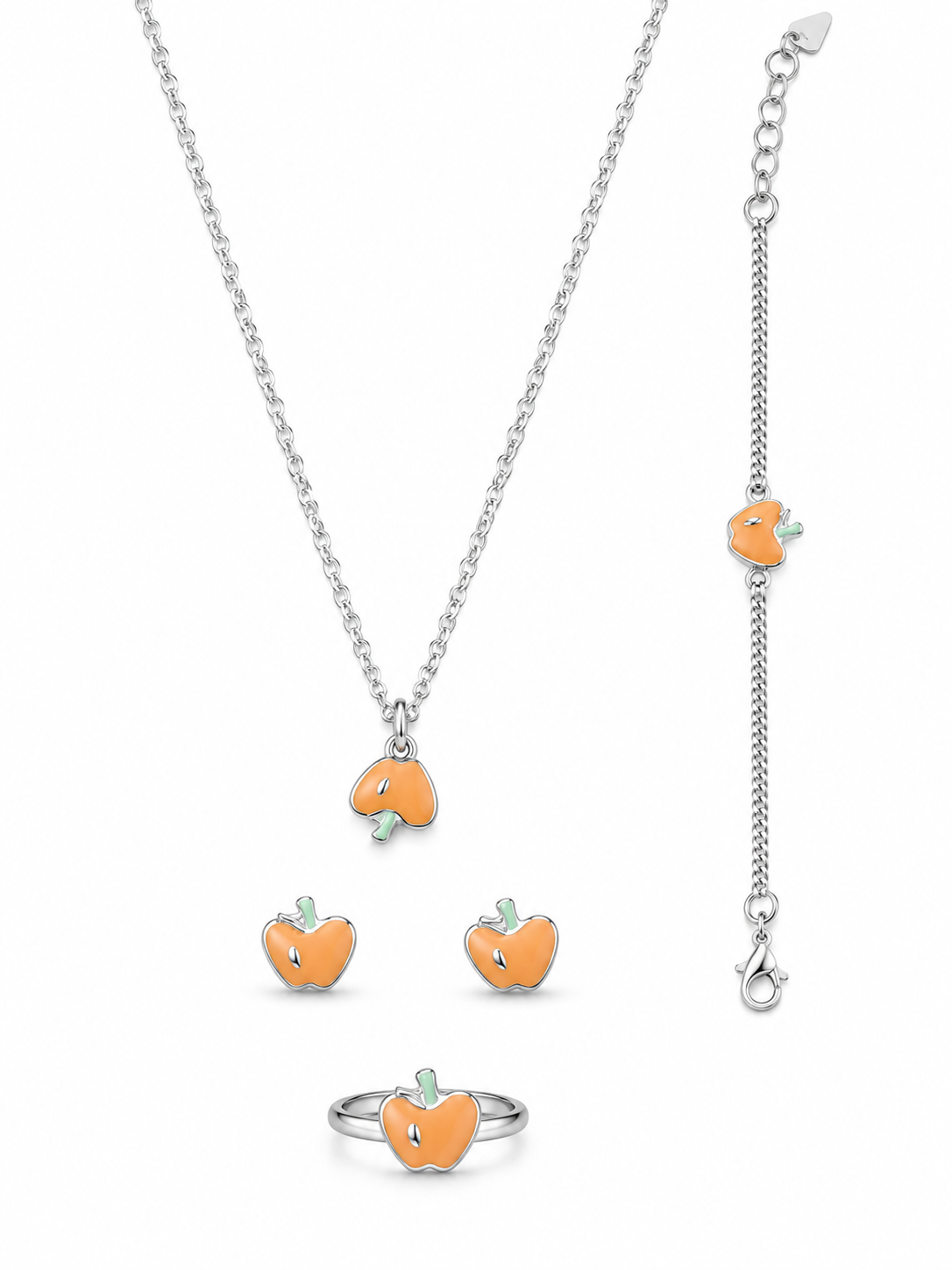 925 Sterling Silver Kids' Orange Enamel Charm Jewellery Set - White Background