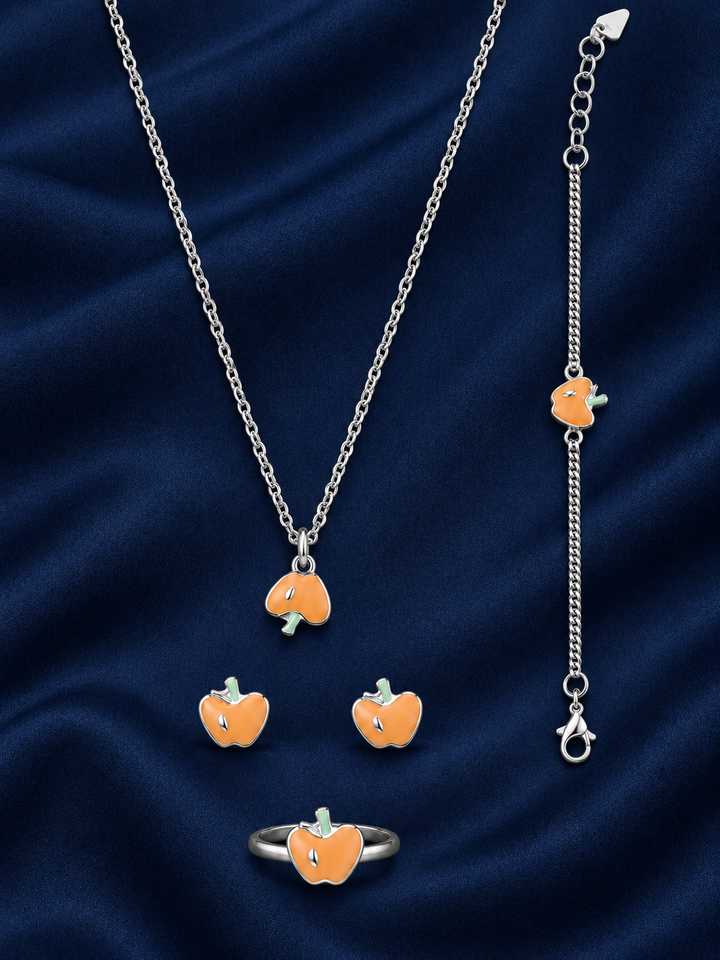 925 Sterling Silver Kids' Orange Enamel Charm Jewellery Set - Navy Blue Background