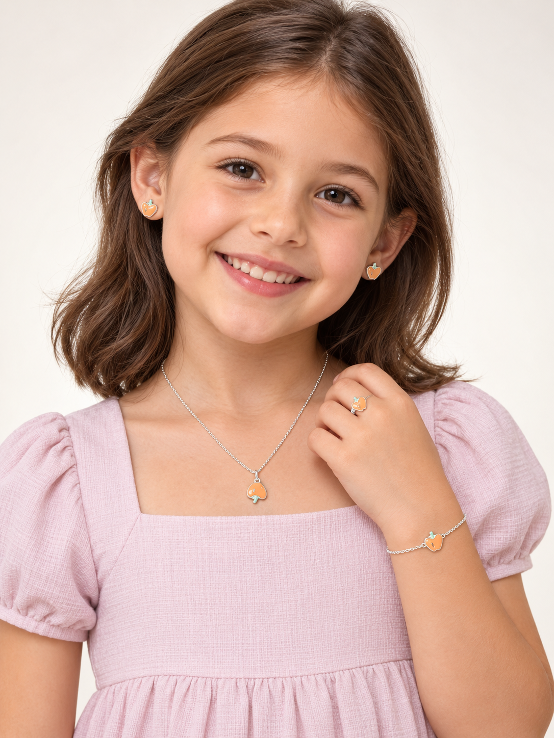925 Sterling Silver Kids' Orange Enamel Charm Jewellery Set - Model / Lifestyle