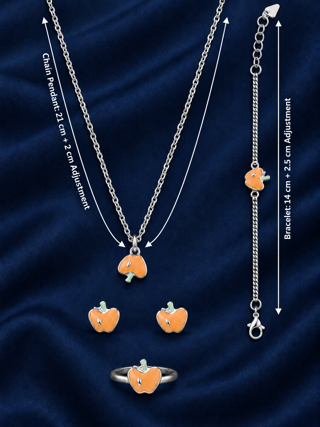 925 Sterling Silver Kids' Orange Enamel Charm Jewellery Set - Dimensions / Alternate View