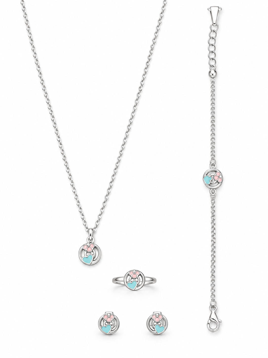925 Sterling Silver Kids' Pastel Round Charm Jewellery Set - White Background