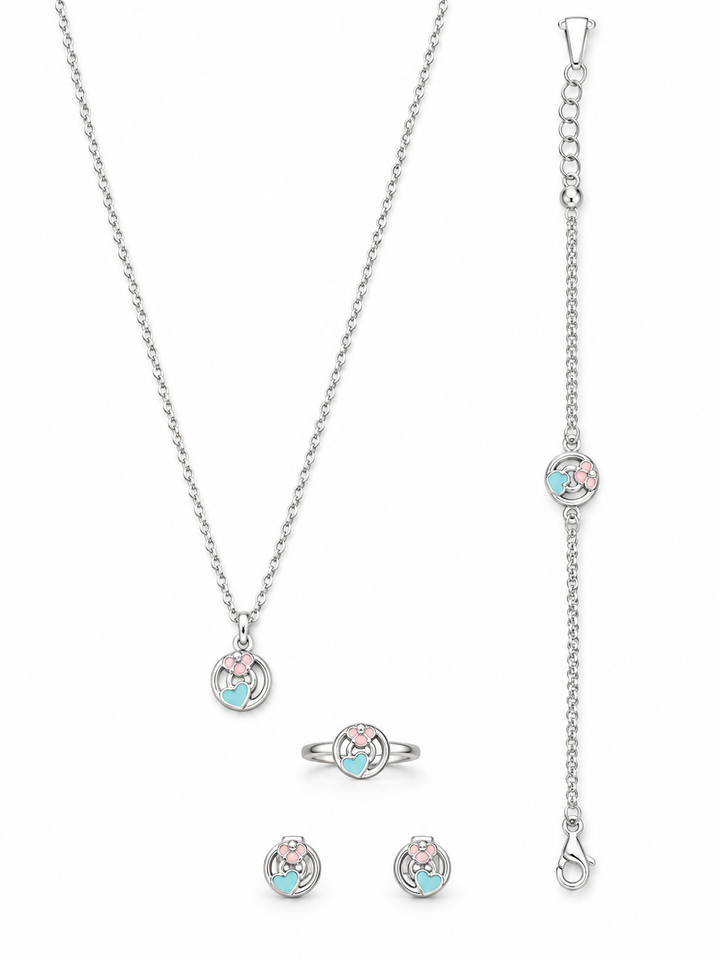 925 Sterling Silver Kids' Pastel Round Charm Jewellery Set - White Background