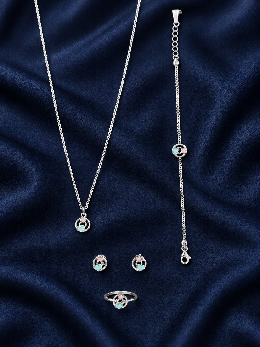 925 Sterling Silver Kids' Pastel Round Charm Jewellery Set - Navy Blue Background