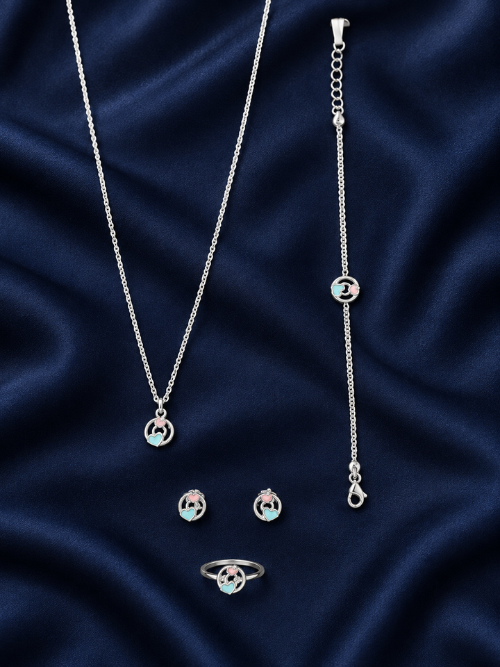 925 Sterling Silver Kids' Pastel Round Charm Jewellery Set - Navy Blue Background