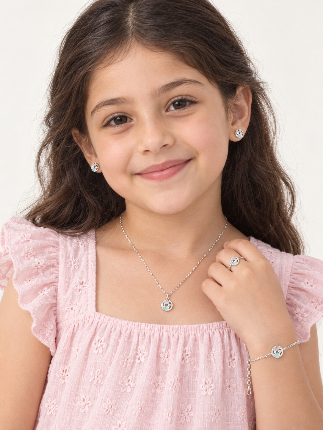 925 Sterling Silver Kids' Pastel Round Charm Jewellery Set - Model / Lifestyle