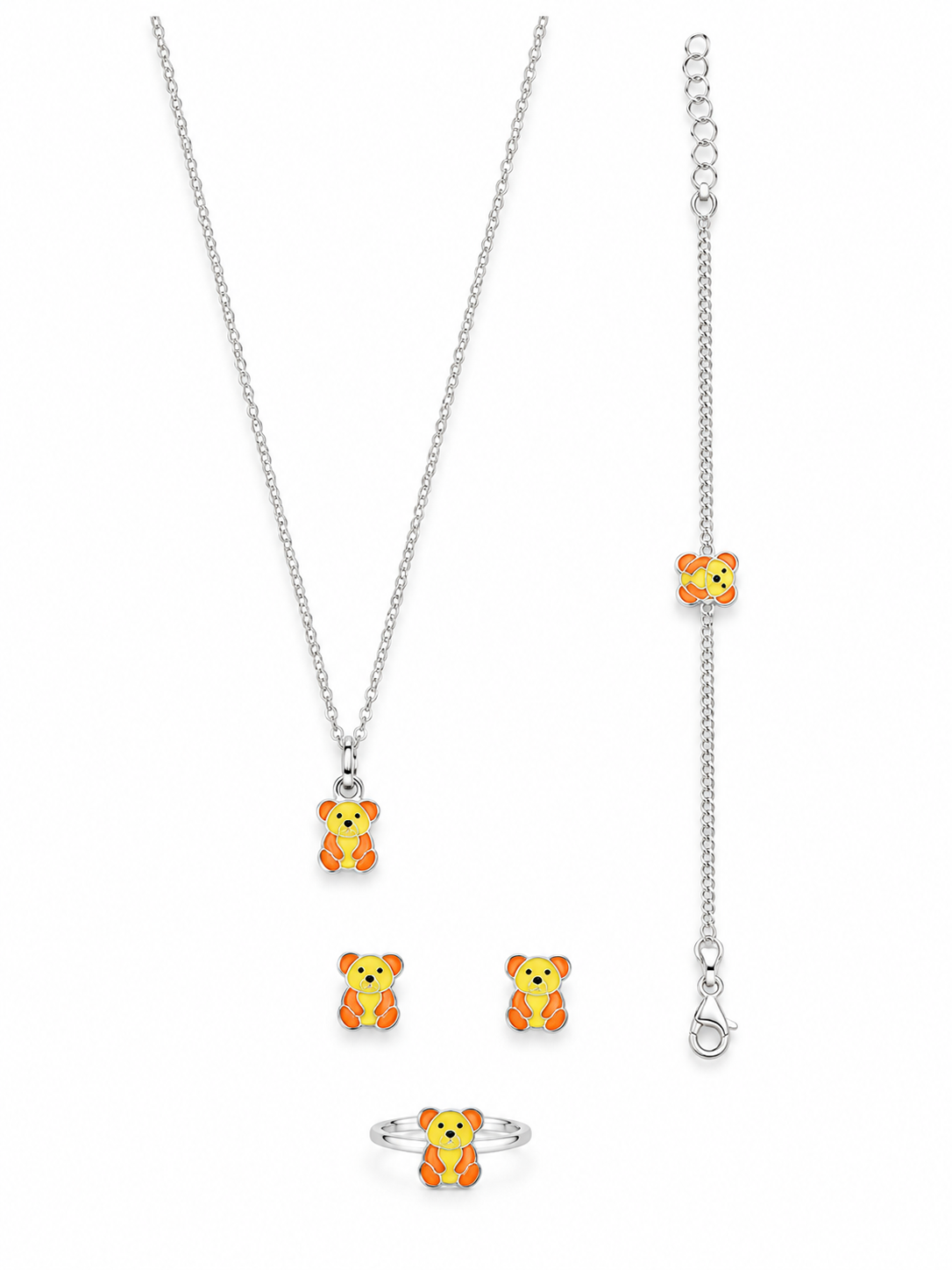 925 Sterling Silver Kids' Yellow Teddy Charm Jewellery Set - White Background