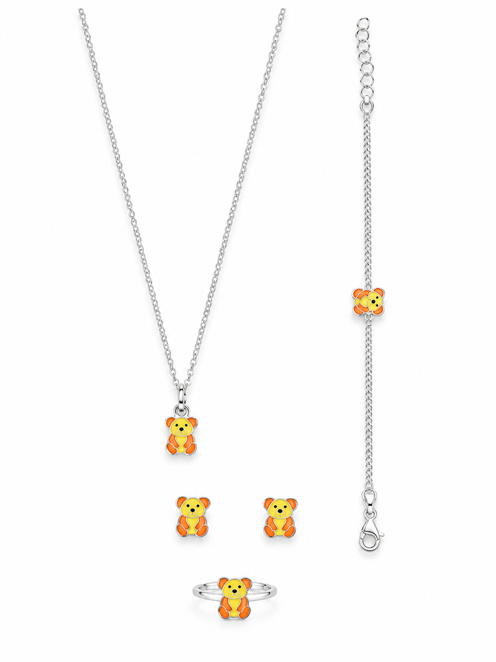 925 Sterling Silver Kids' Yellow Teddy Charm Jewellery Set - White Background