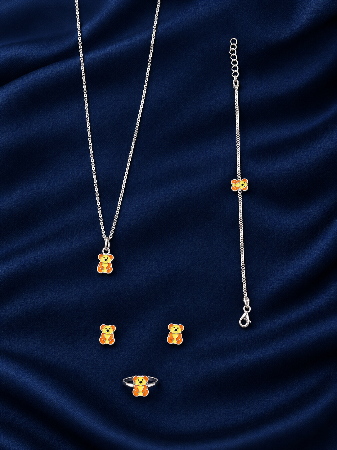 925 Sterling Silver Kids' Yellow Teddy Charm Jewellery Set - Navy Blue Background