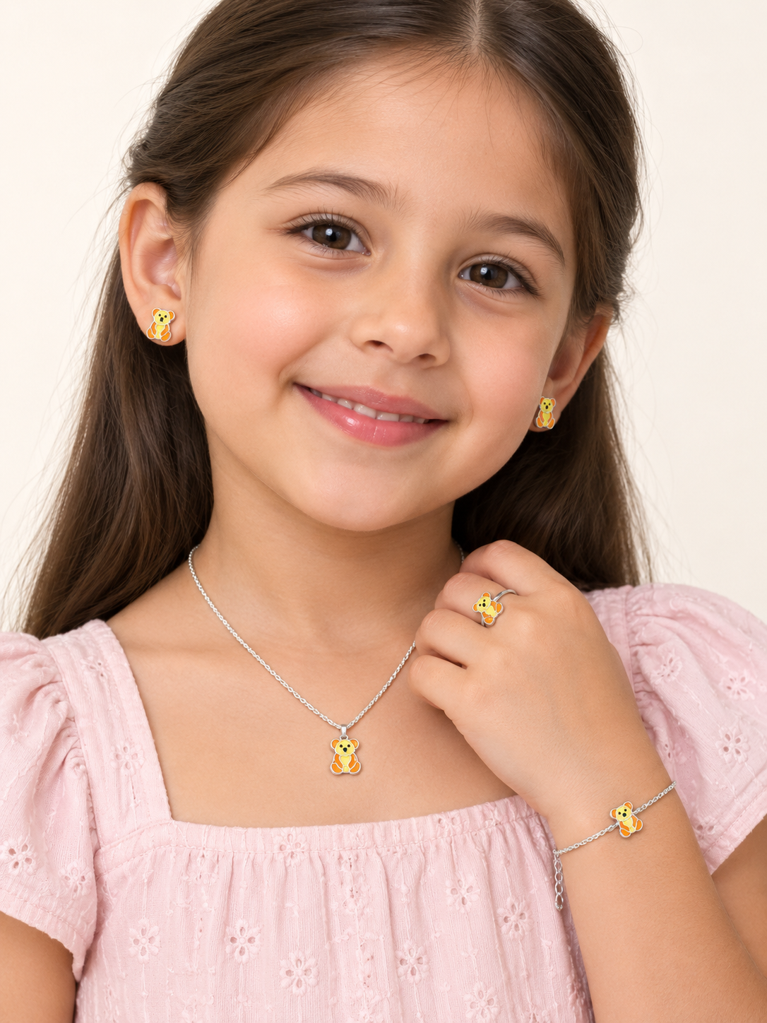 925 Sterling Silver Kids' Yellow Teddy Charm Jewellery Set - Model / Lifestyle