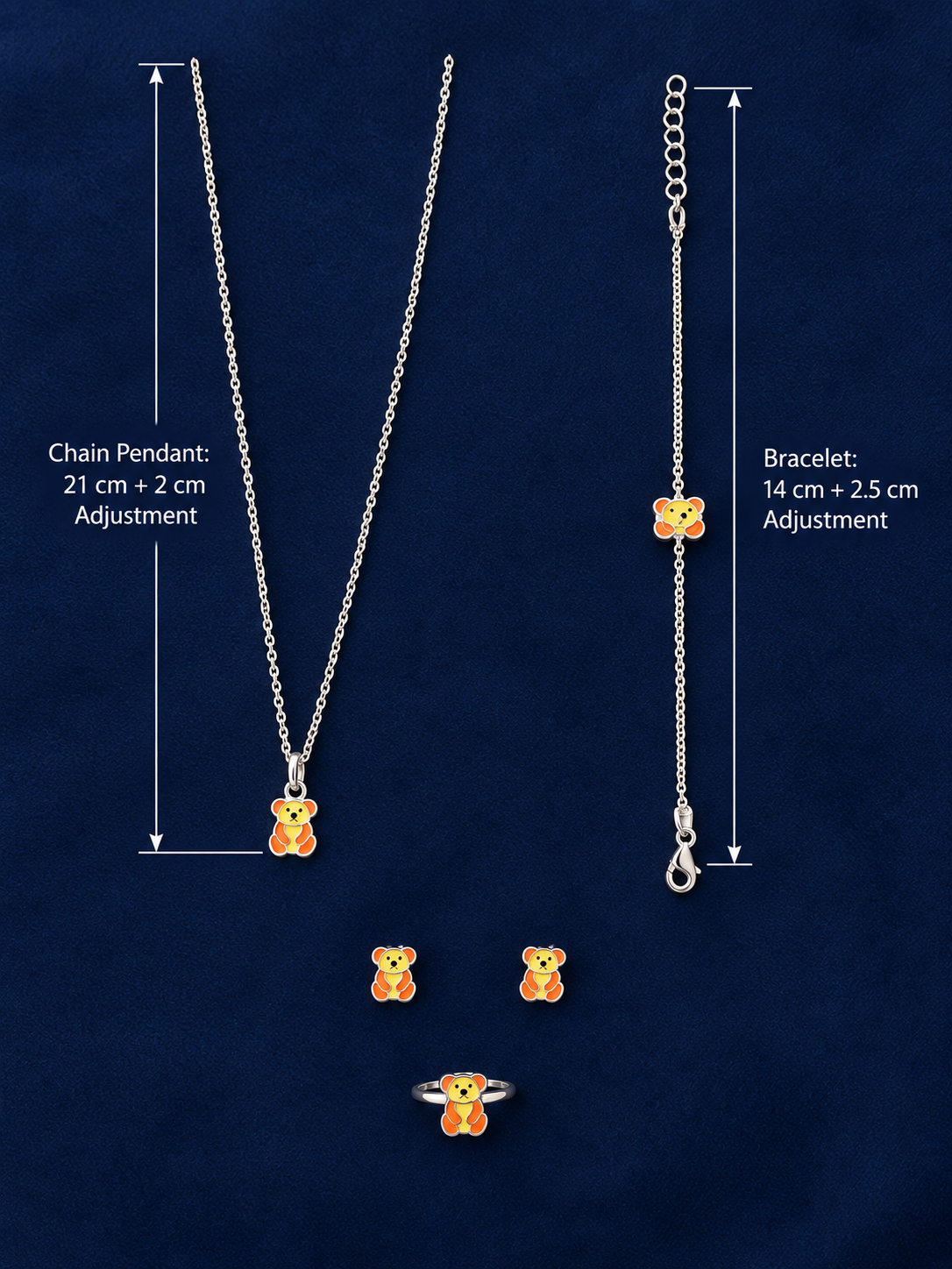 925 Sterling Silver Kids' Yellow Teddy Charm Jewellery Set - Dimensions / Alternate View