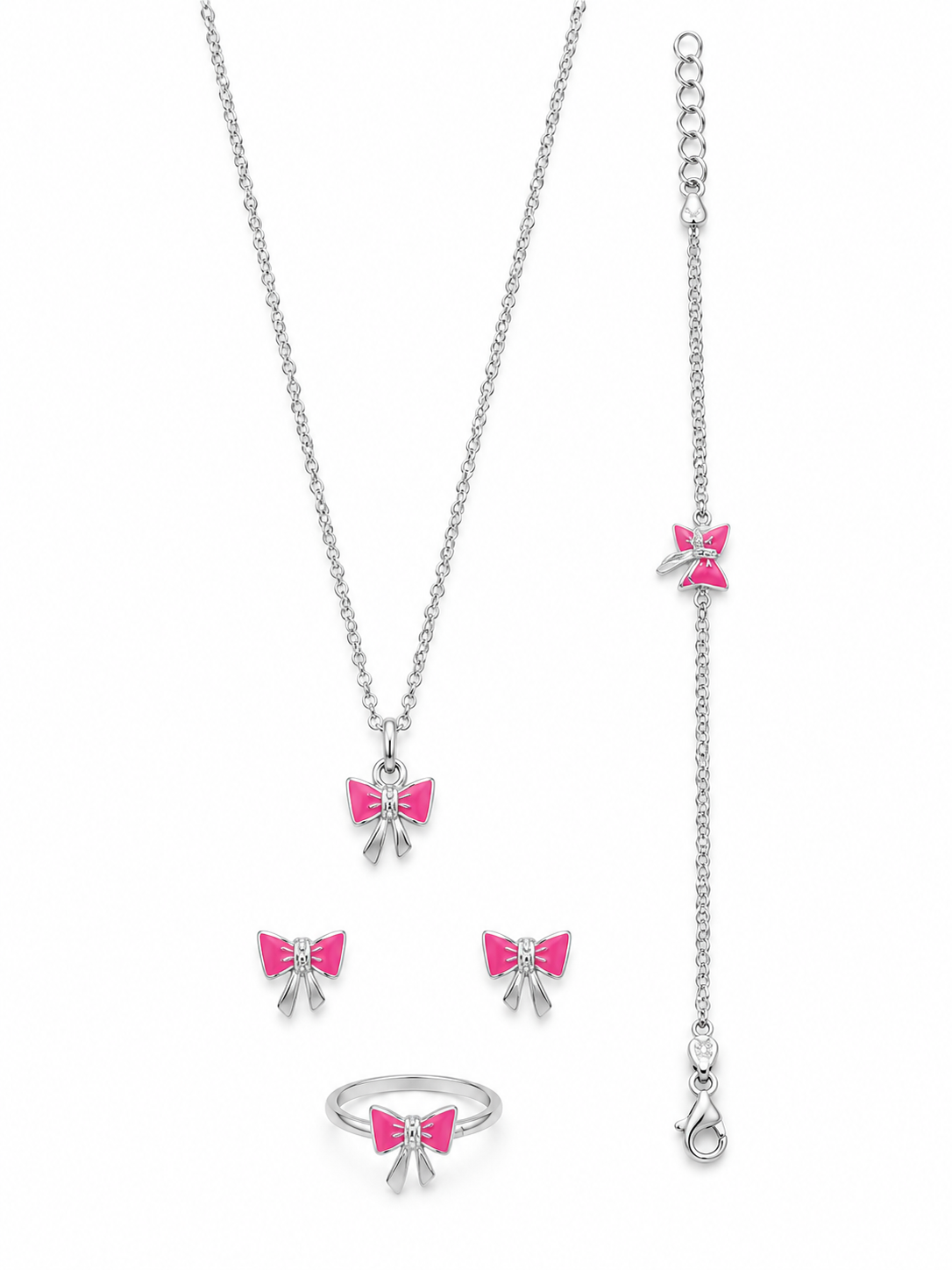 925 Sterling Silver Kids' Pink Bow Charm Jewellery Set - White Background