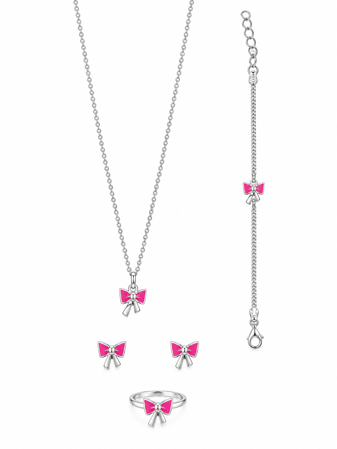 925 Sterling Silver Kids' Pink Bow Charm Jewellery Set - Model / Lifestyle