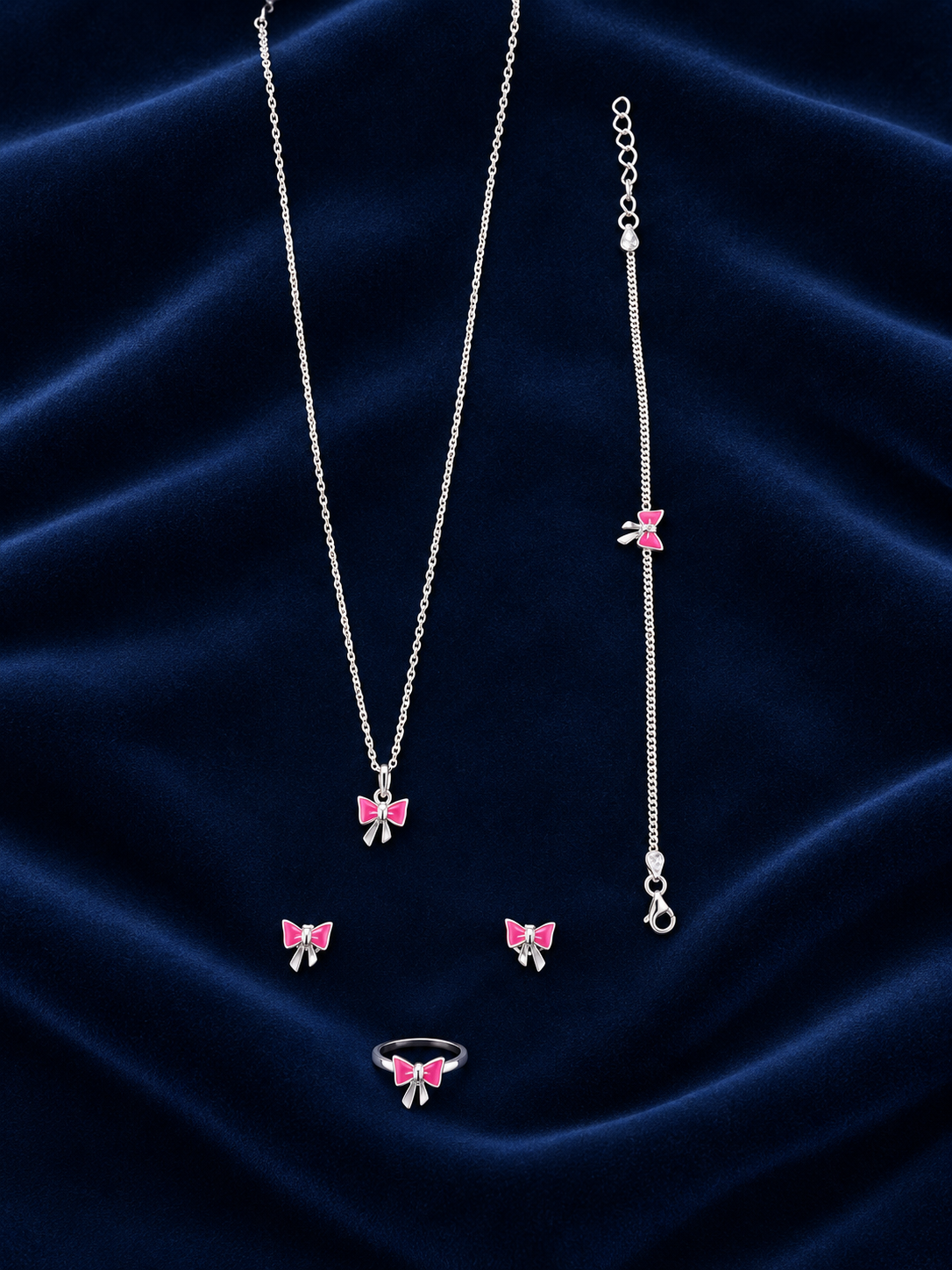 925 Sterling Silver Kids' Pink Bow Charm Jewellery Set - Dimensions / Alternate View