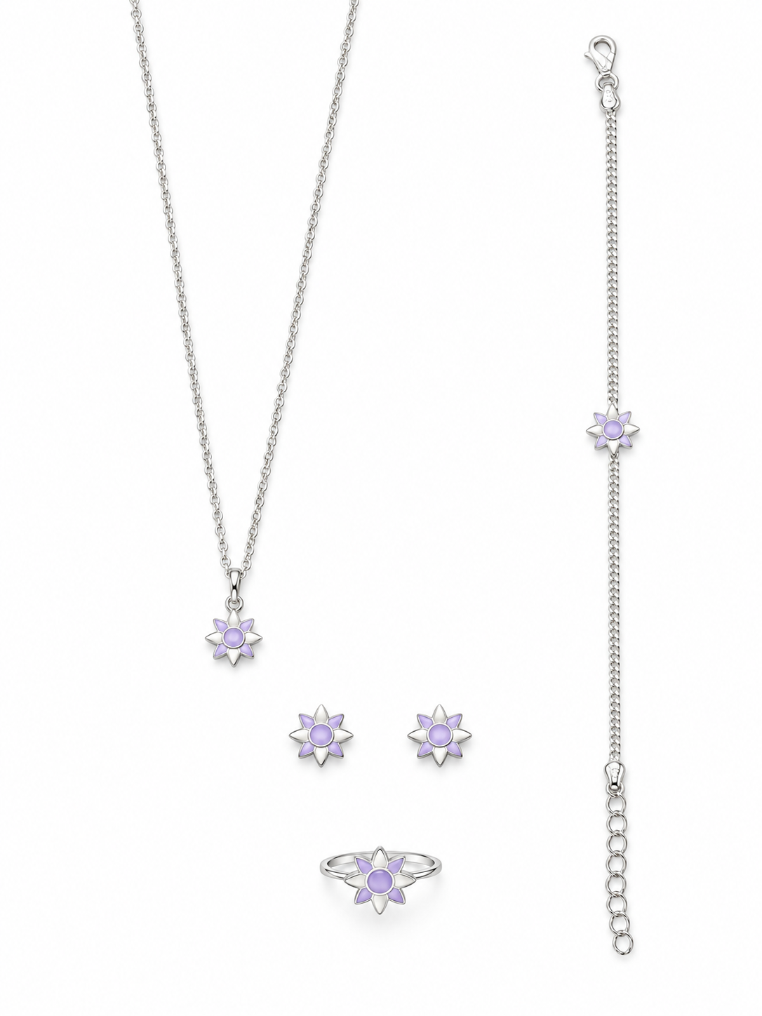 925 Sterling Silver Kids' Lavender Floral Charm Jewellery Set - White Background