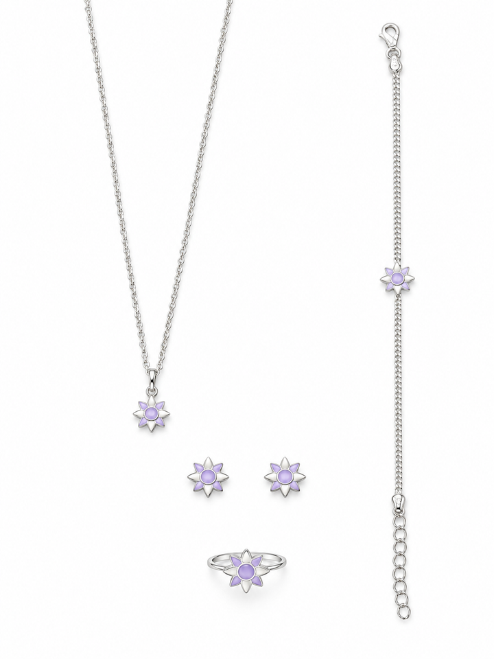 925 Sterling Silver Kids' Lavender Floral Charm Jewellery Set - White Background