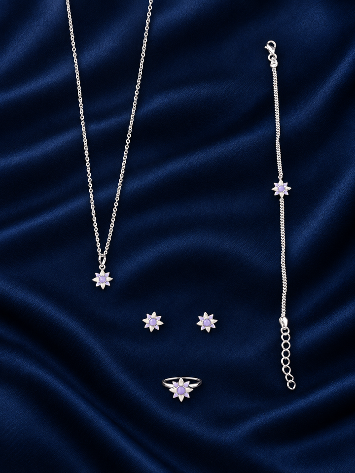 925 Sterling Silver Kids' Lavender Floral Charm Jewellery Set - Navy Blue Background