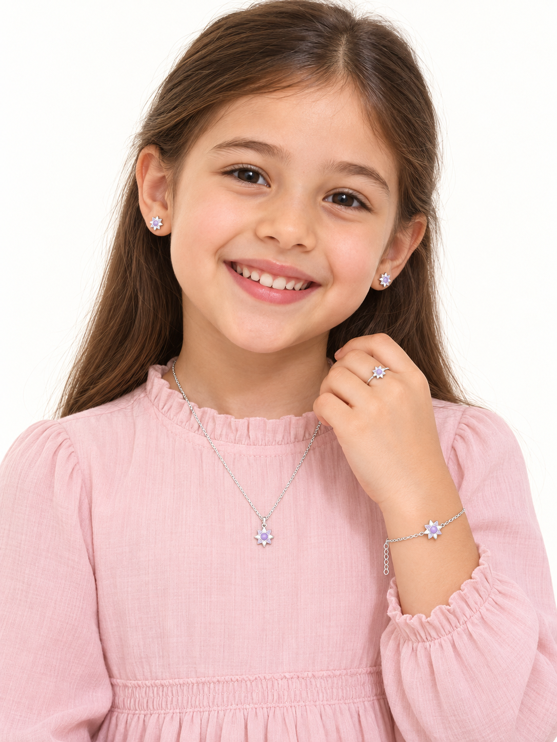 925 Sterling Silver Kids' Lavender Floral Charm Jewellery Set - Model / Lifestyle