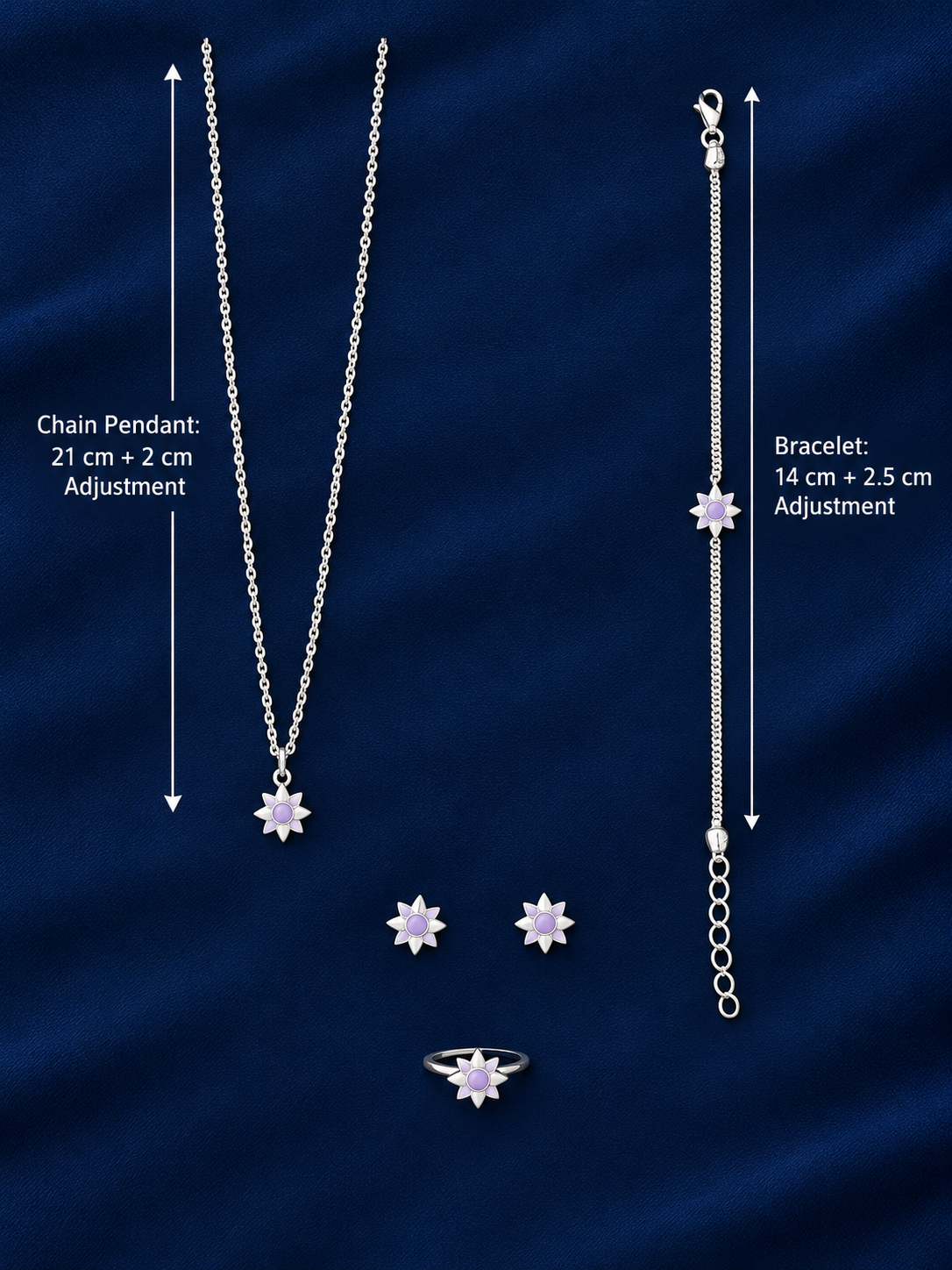 925 Sterling Silver Kids' Lavender Floral Charm Jewellery Set - Dimensions / Alternate View
