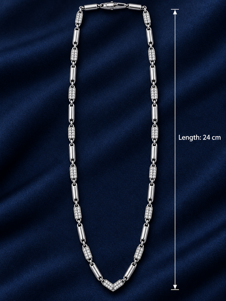 925 Sterling Silver Men's Geometric Link Chain - 24 cm - Navy Blue Background / Dimensions