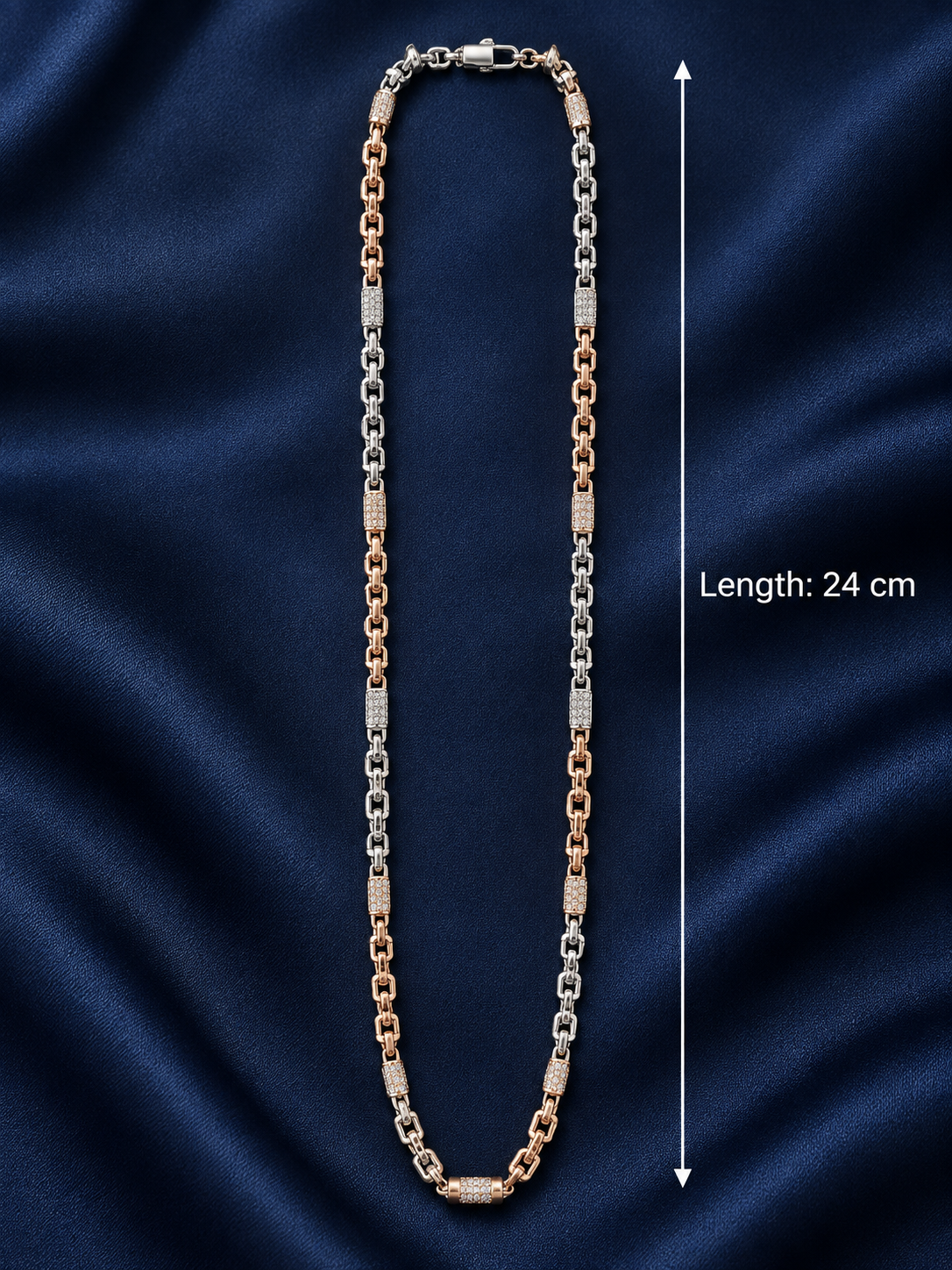 925 Sterling Silver Men's Two-Tone Link Chain - 27 cm - Navy Blue Background / Dimensions