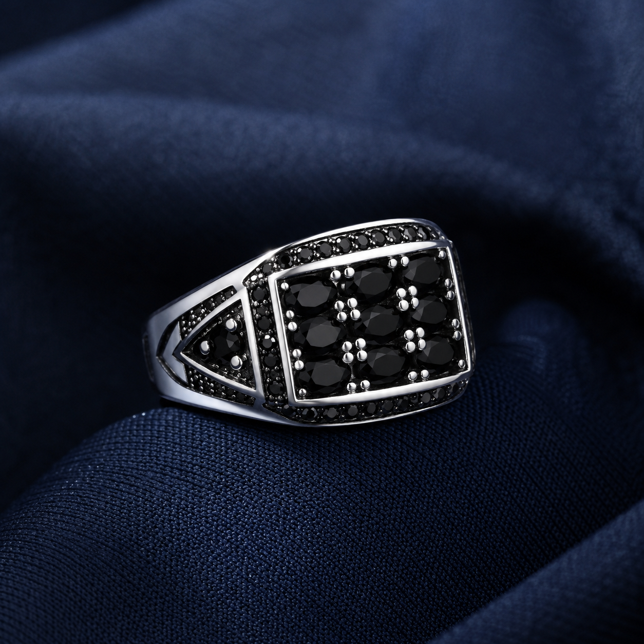 Turkish-Inspired 925 Sterling Silver Black Geometric Signet Ring for Men - front view