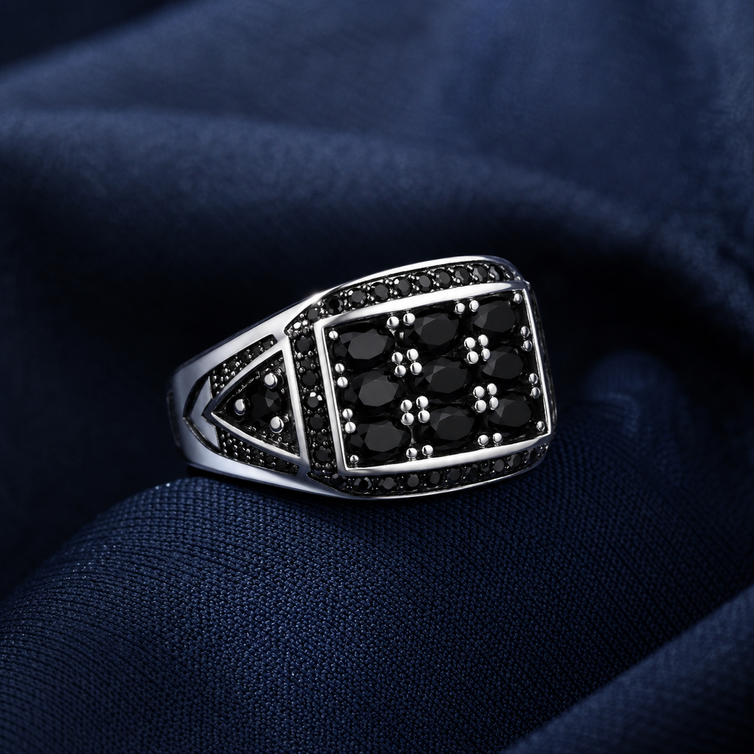 Turkish-Inspired 925 Sterling Silver Black Geometric Signet Ring for Men - front view