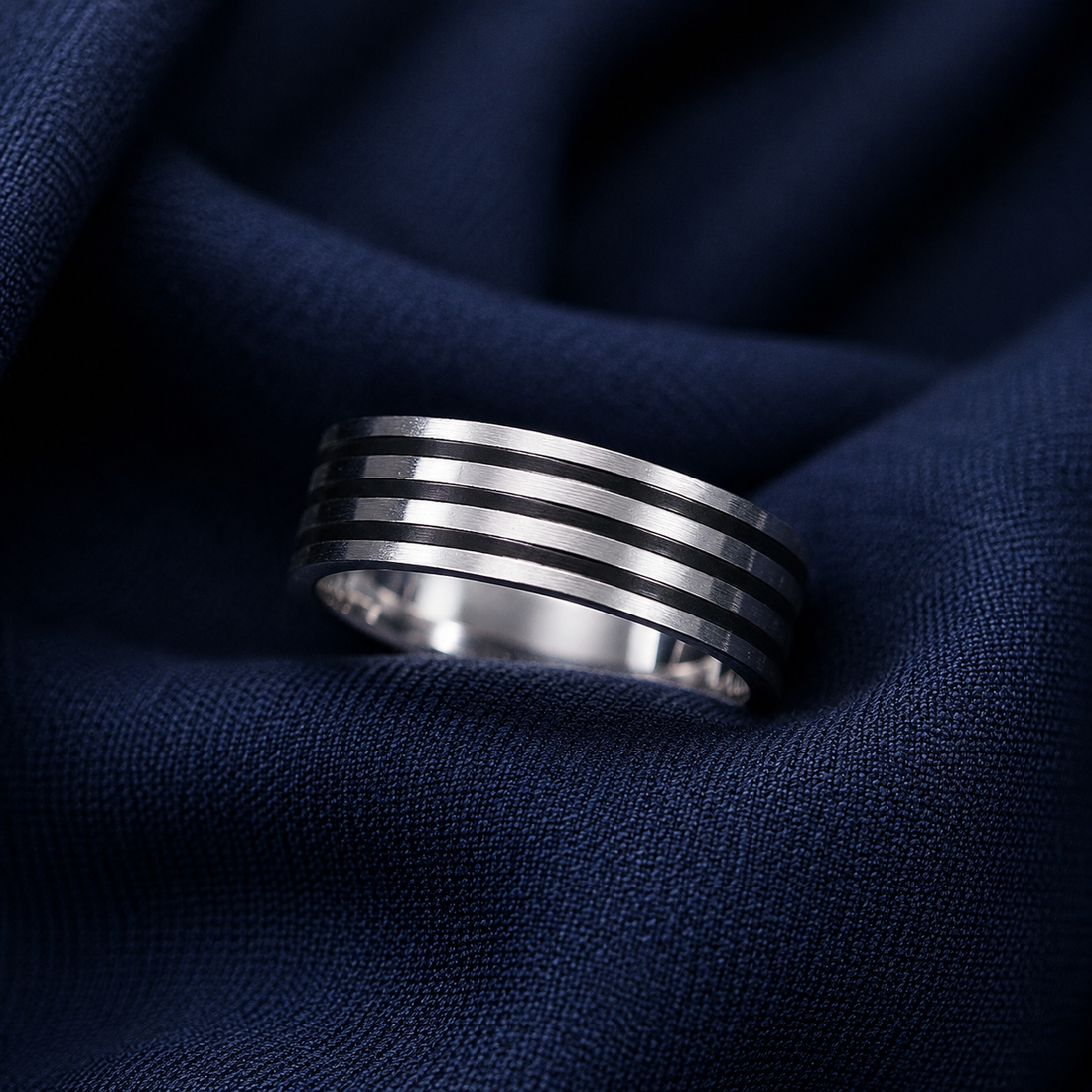 Turkish-Inspired 925 Sterling Silver Multi-Groove Band Ring for Men - front view