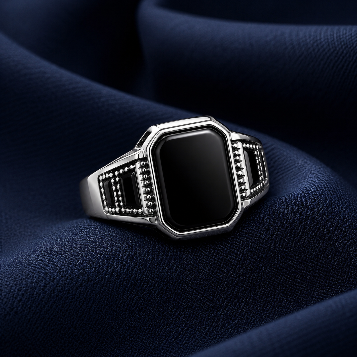 Turkish-Inspired 925 Sterling Silver Black Octagon Signet Ring for Men - front view