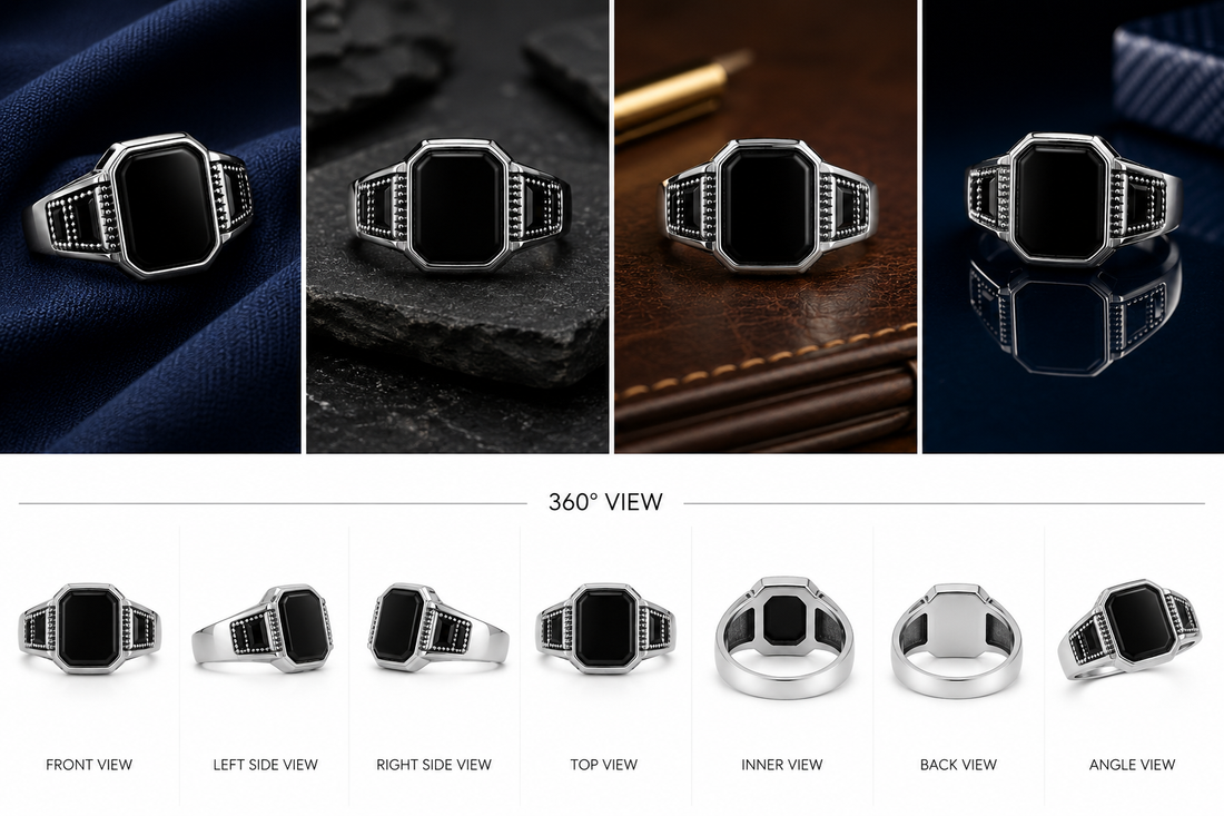 Turkish-Inspired 925 Sterling Silver Black Octagon Signet Ring for Men - alternate view 2