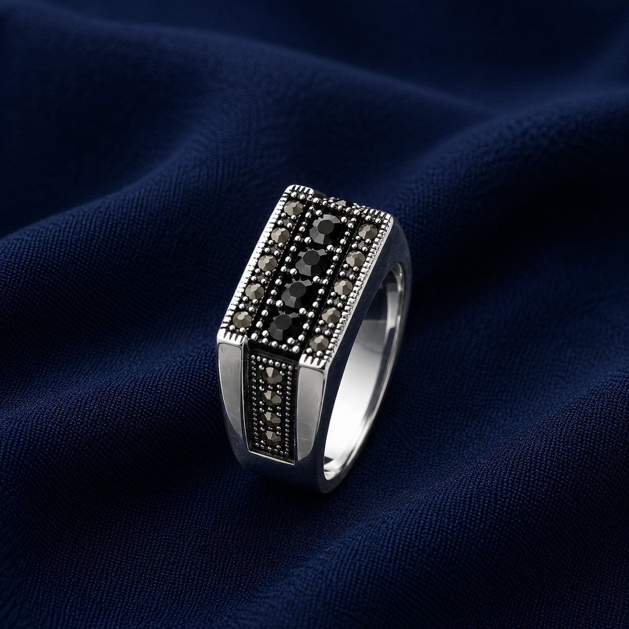 Turkish-Inspired 925 Sterling Silver Black Channel Statement Ring for Men - front view