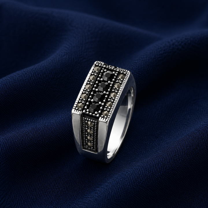 Turkish-Inspired 925 Sterling Silver Black Channel Statement Ring for Men - front view