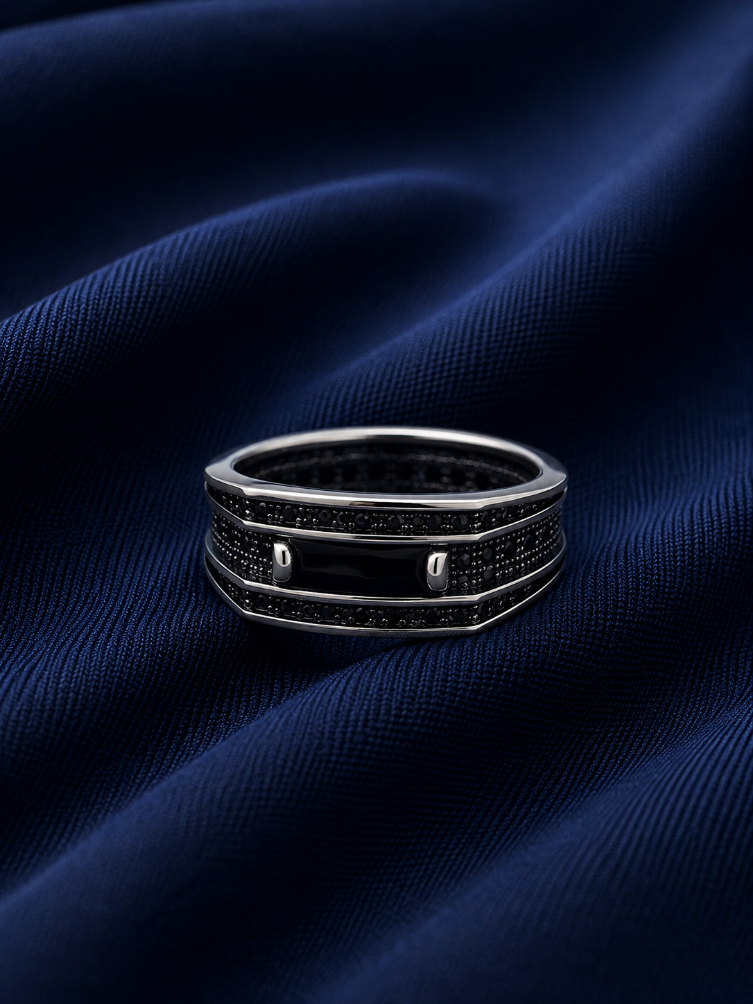 Turkish-Inspired 925 Sterling Silver Black Double-Channel Band Ring for Men - front view
