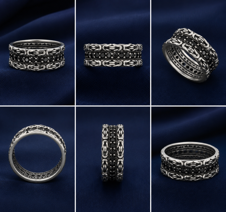Turkish-Inspired 925 Sterling Silver Vintage Chain-Link Band Ring for Men - front view