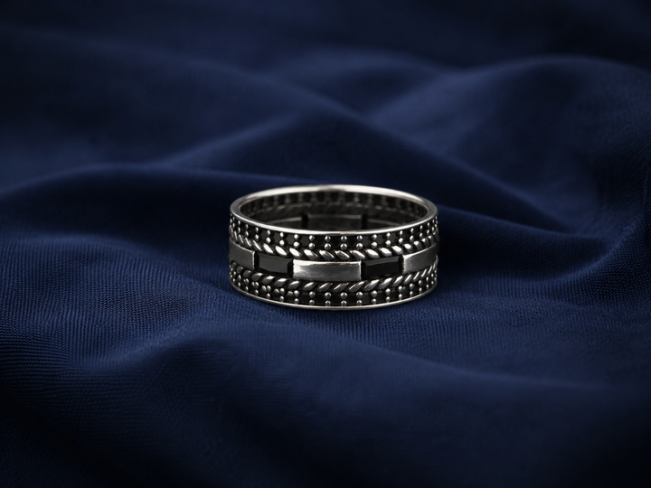 Turkish-Inspired 925 Sterling Silver Black Beaded Triple-Row Band Ring for Men - front view